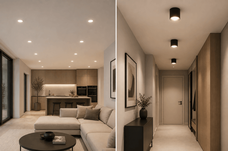 Vergleich von LED Deckeneinbauleuchten im Wohnbereich und Deckenanbauleuchten im Flur mit unterschiedlicher Montage und Lichtwirkung